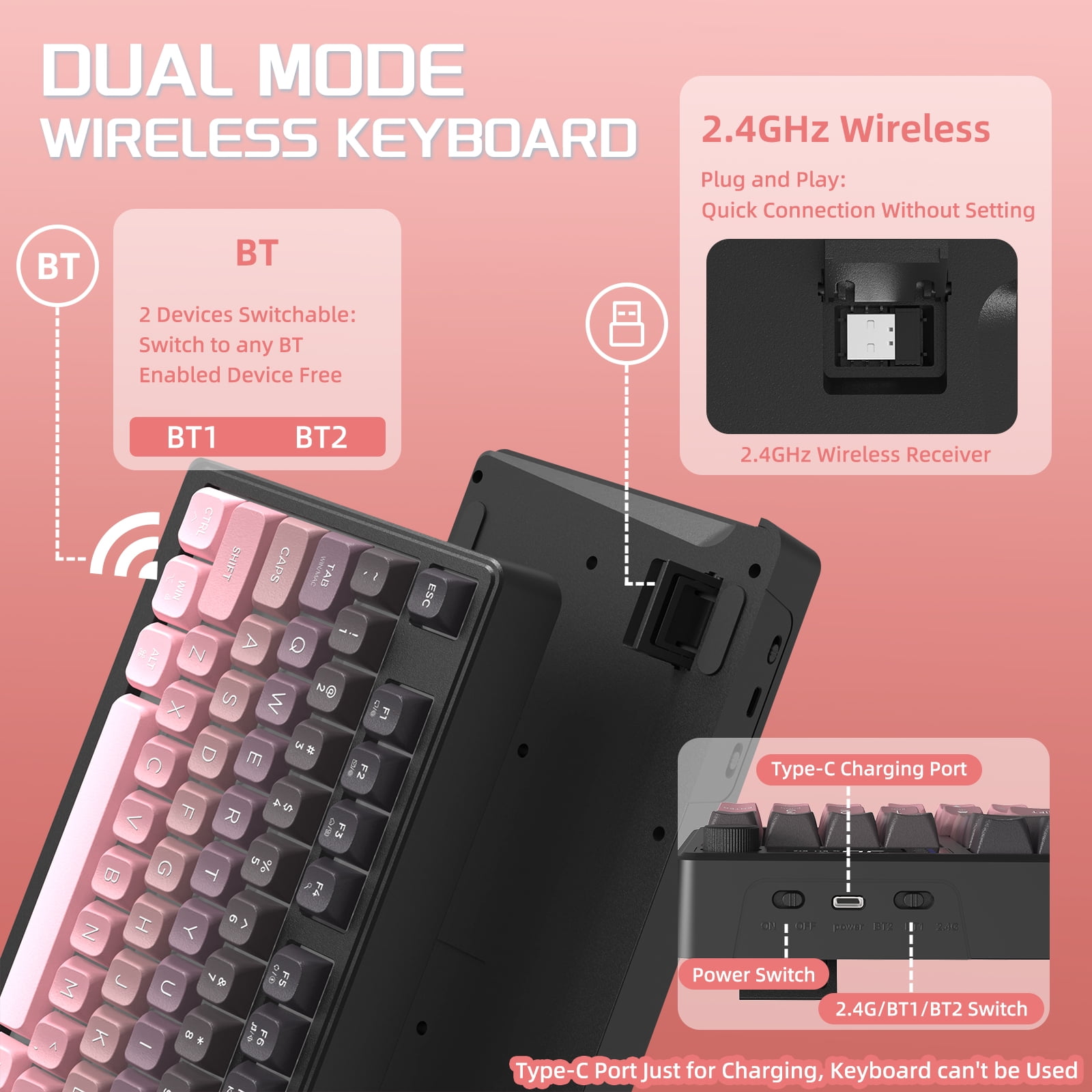 FREEWOLF M96 Wireless Gaming Keyboard Creamy Membrane with Rainbow Backlight,Media Knob,LCD Screen,Dual Mode-Bluetooth/2.4Ghz,Ball Shape PBT Keycap 94 Key...