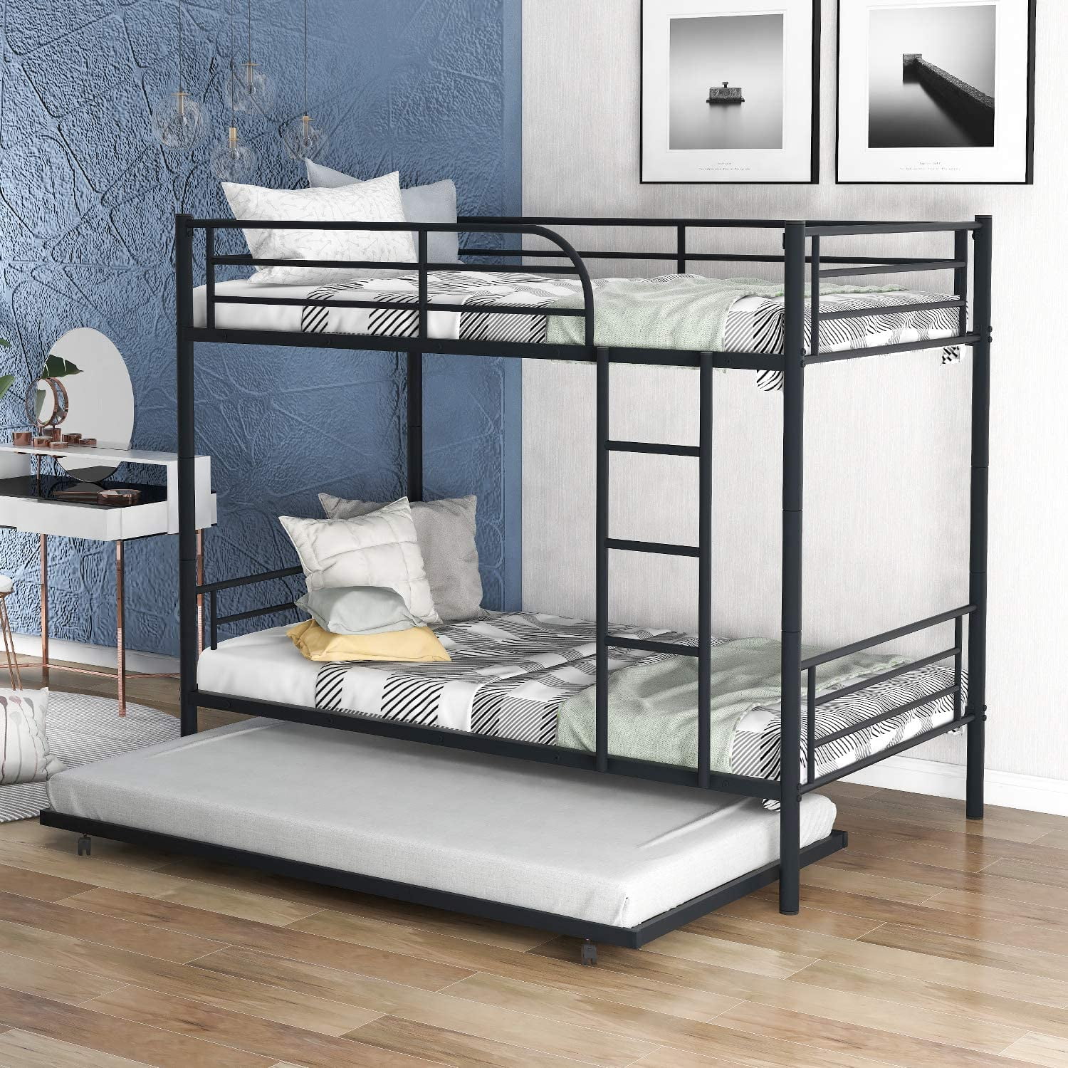 SOGES Twin over Twin Metal Bunk Bed With Trundle,Black