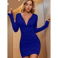 thumbnail image 2 of Women'S Long Sleeve V Neck Ruched Bodycon Mini Party Cocktail Dress Royal Blue XS, 2 of 8