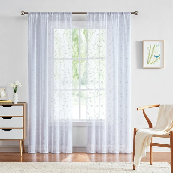 Fragrantex White Embroidered Sheer Curtains with Leaf Botanical Patterned Window Curtain Panels for Living Room 95 inch Long Voile See Through Curtains Rod Pocket, W38xL84, 2Panels