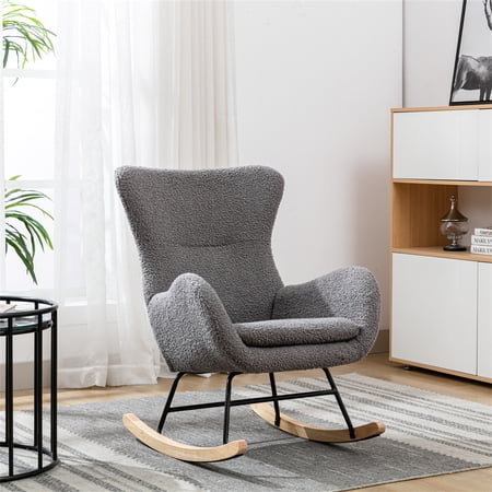 Living Room High Back Nursery Rocking Chair Padded Seat  Modern Teddy Fabric Accent Rocker Chair Recliner Chair with Armrests and Rubber Wood Legs  Upholstered Rocking Chair for Adults Kids  Grey