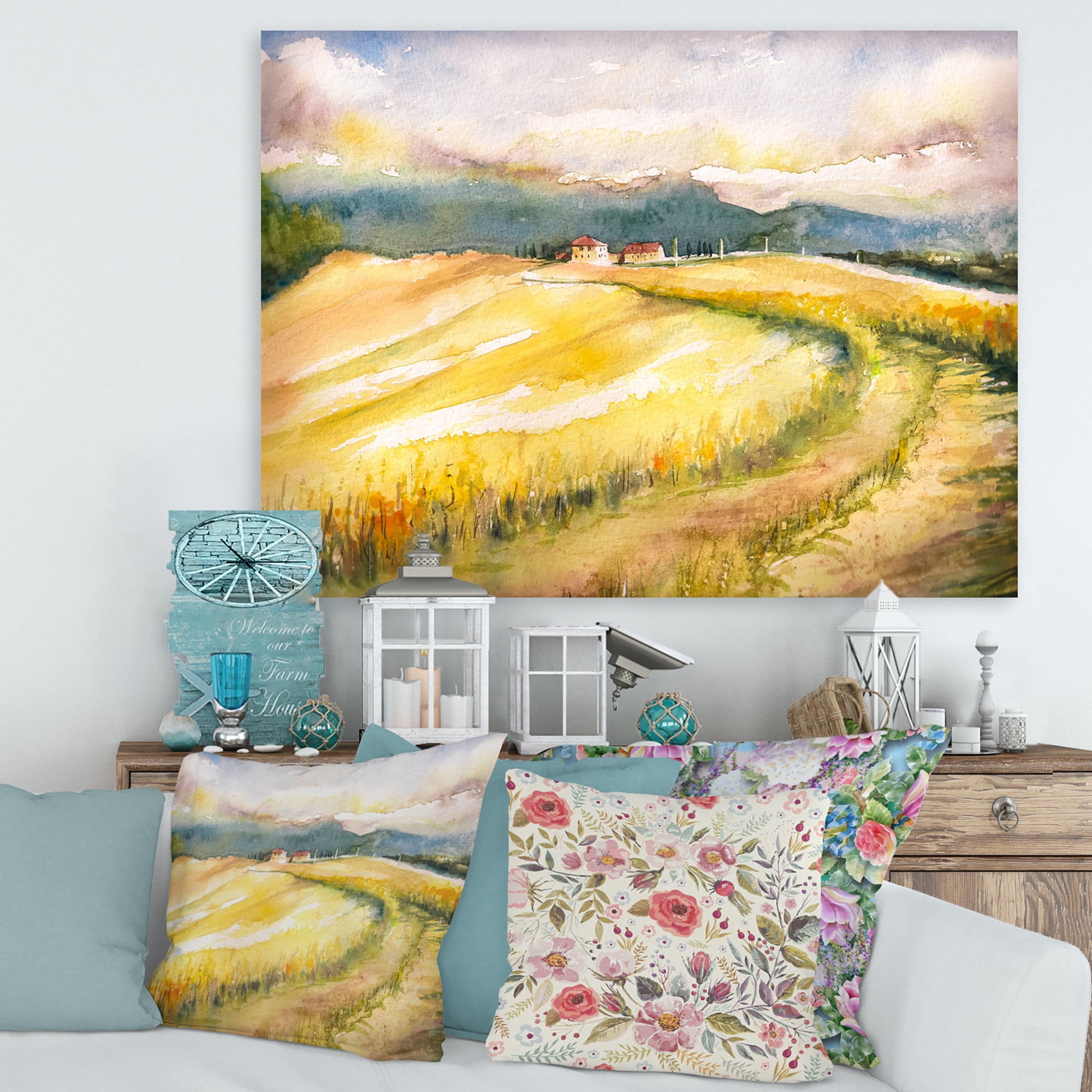 Designart ' Golden Grass Fields of Tuscany Italy ' Country Canvas Wall Art Print