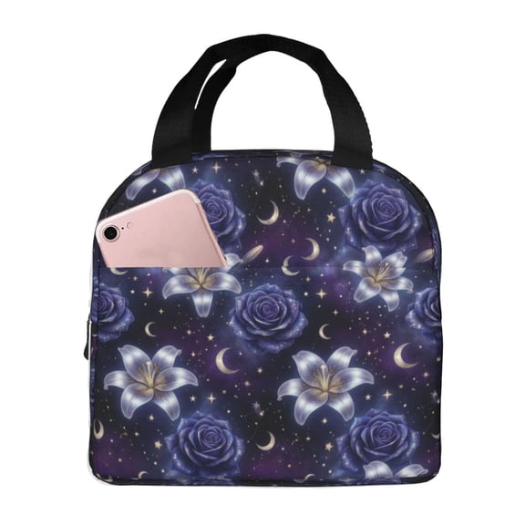 Flower Insulated Lunch Bag ,Reusable Lunch Box,Bento Lunch Box Cooler Bag With Front Pocket For Women Men,Cute Lunch Tote Bag Lunchbox For Work/Office/Travel/Picnic
