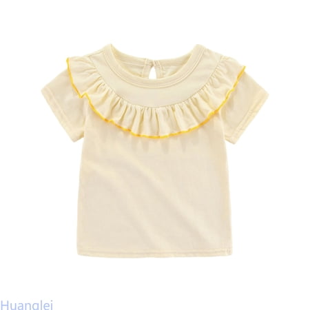 Huanglei Girls Ruffle Hem Tee Shirt Casual Round Neck Blouse Top For Toddler And Soft Comfortable Daily Wear Girl Basic T-Shirts 2-3 Years Beige