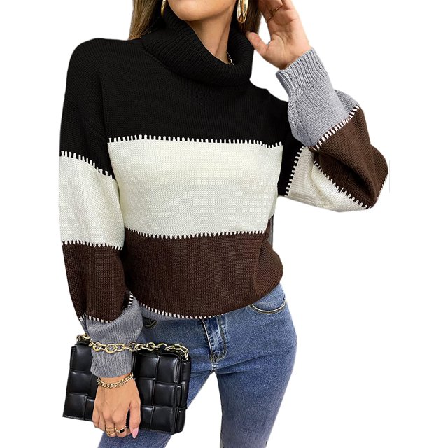 Women's Sweaters Casual Long Sleeve Crewneck Color Block Patchwork Pullover Knit Sweater Tops