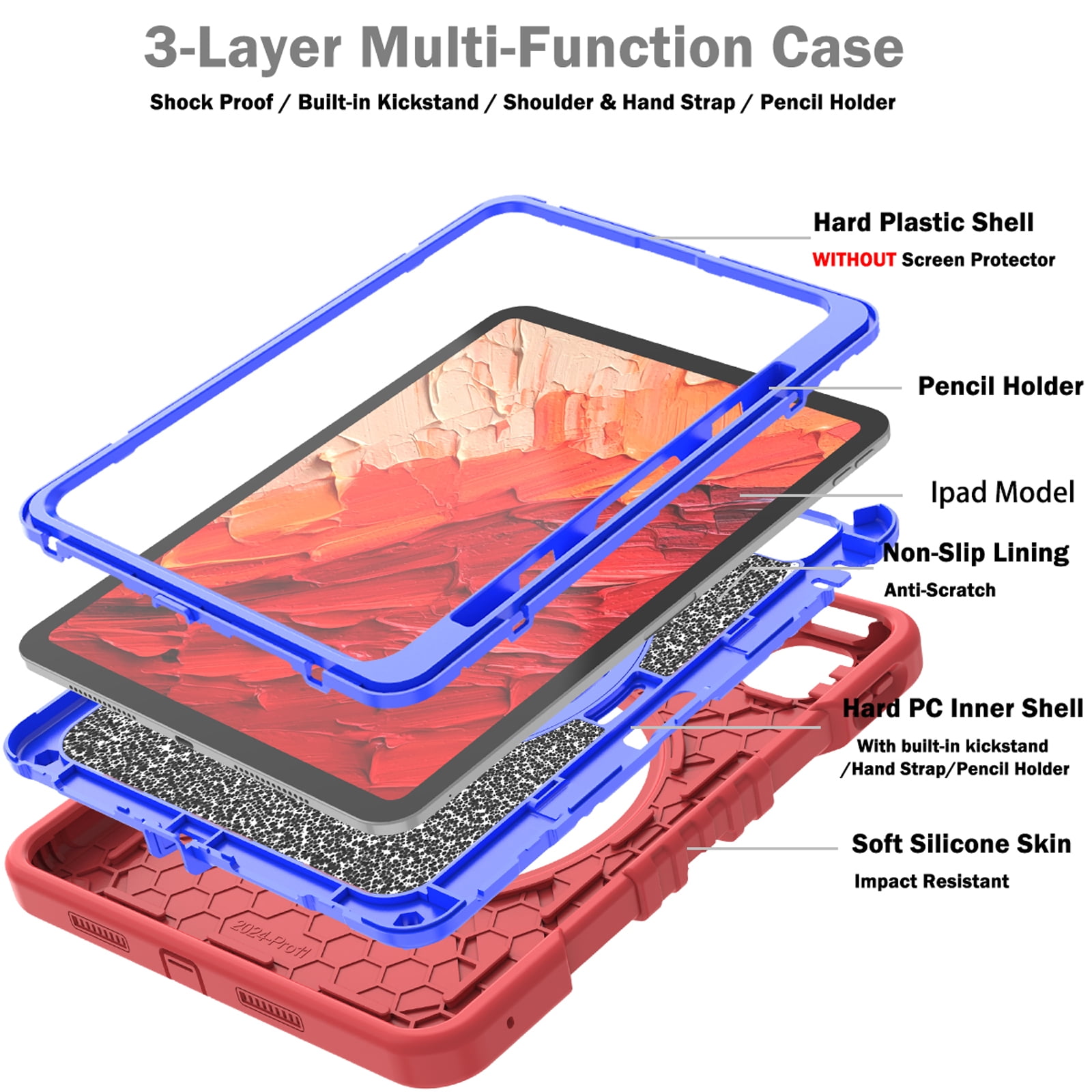 Military Grade Case for Apple iPad Pro 11 2024,Shoulder Strap Shockproof iPad Case with Pencil Holder 360 Rotating Hand Strap+Kicstand Rugged Siicone and Hard PC Case,Redblue