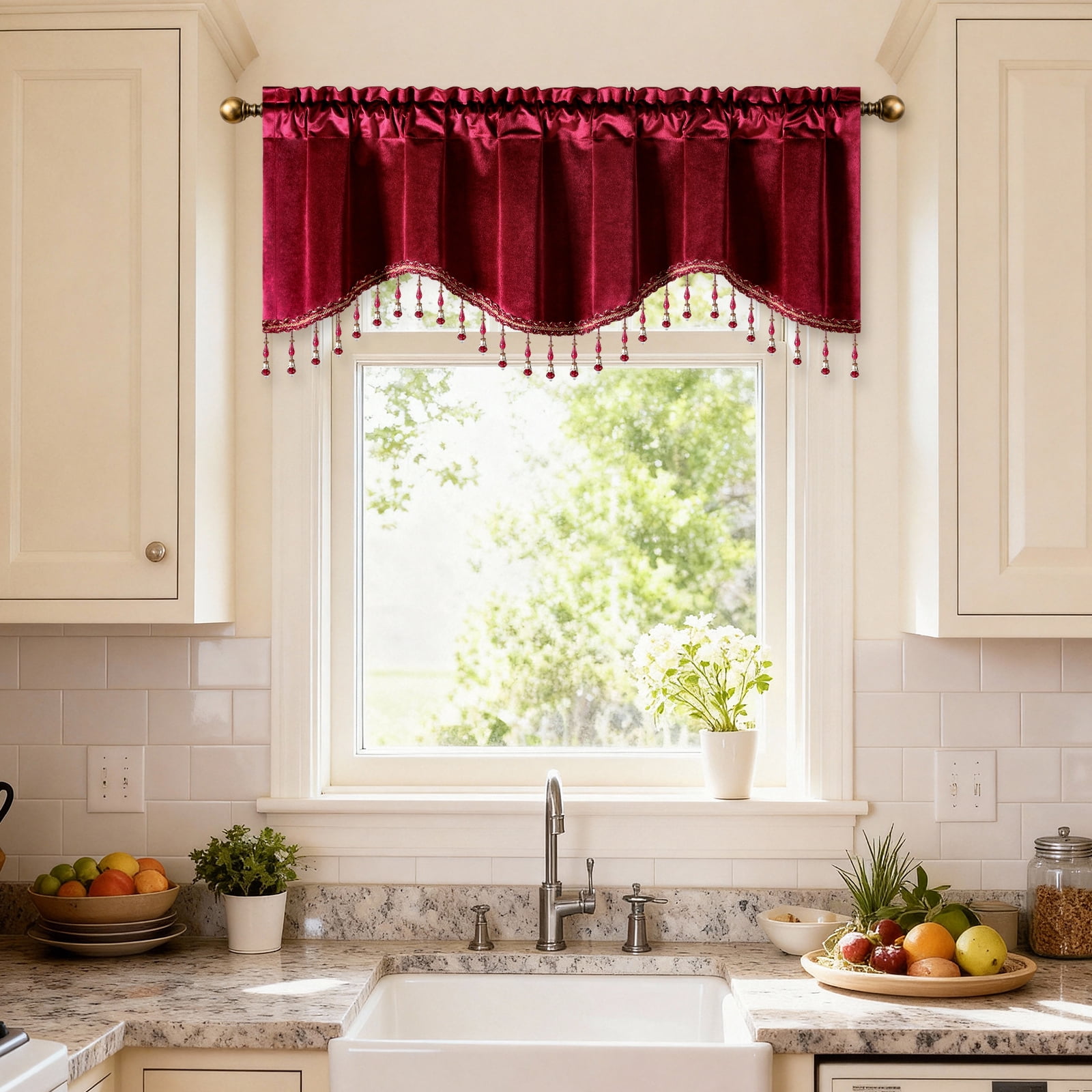 VOGOL Burgundy Velvet Scalloped Window Valance with Beaded Trim, Classic Decorative Curtain Topper for Living Room Bedroom
