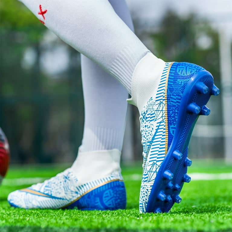 Boys Soccer Shoes Artificial Ground Youth Soccer Cleats Kids Spike AG High Top Football Boots For Outdoor Training White Blue Size US6.5