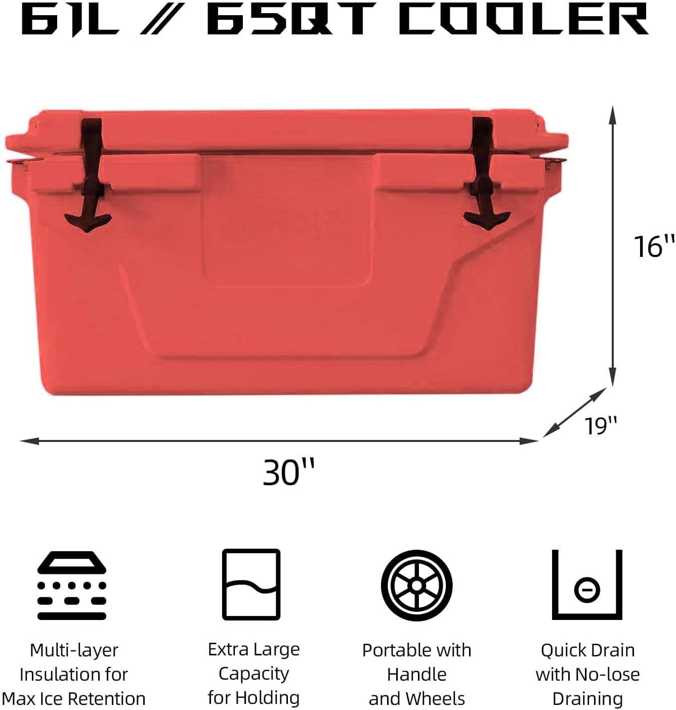 65QT Portable Cooler with Wheels, Outdoor Ice Chest Box for Fishing Party Beach Drink Beverage Camping Picnic Boat Barbecue