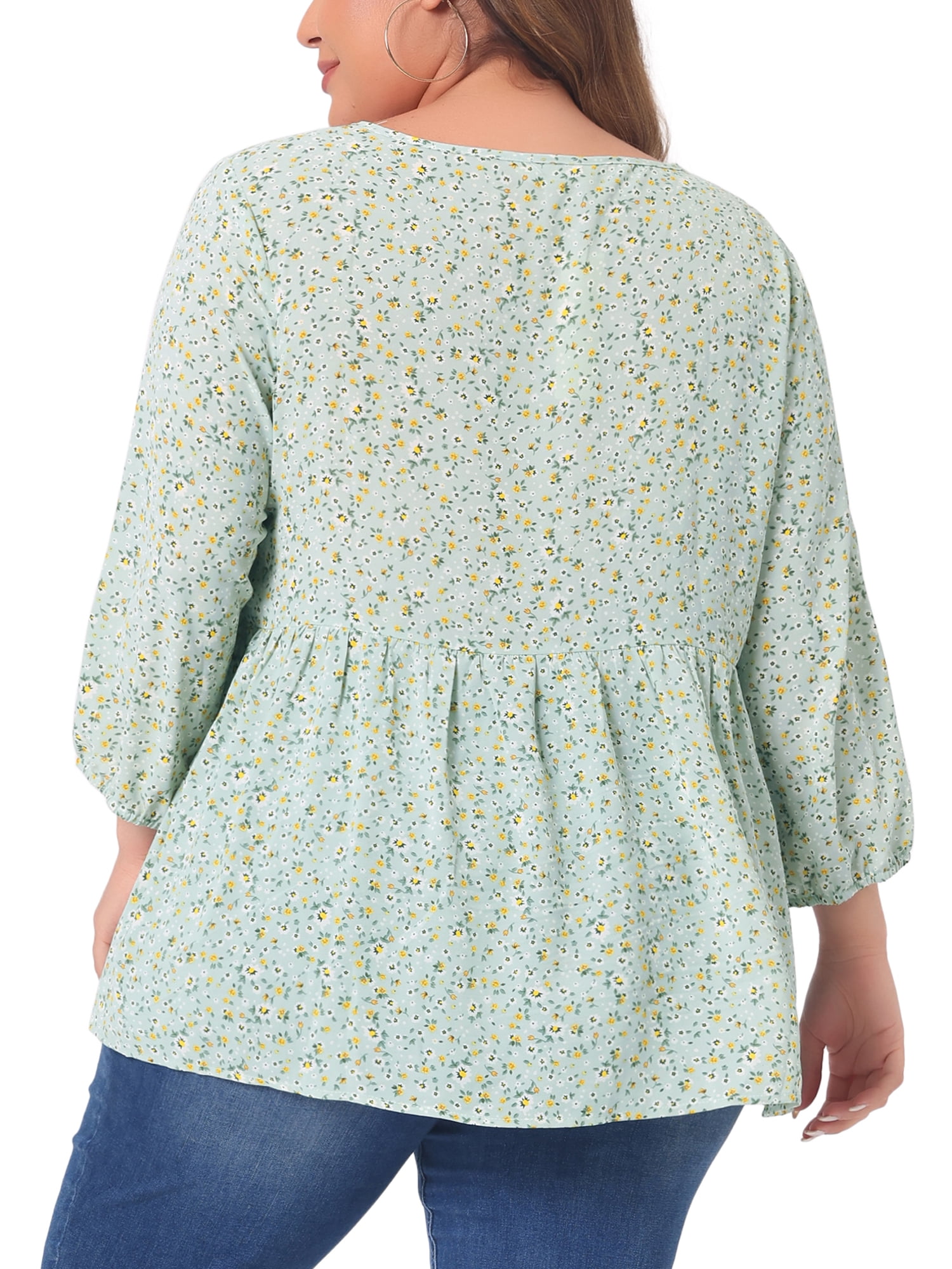 DARING DIVA Women's Plus Size 3/4 Sleeves Chiffon Keyhole Floral Tops 4X Light Green