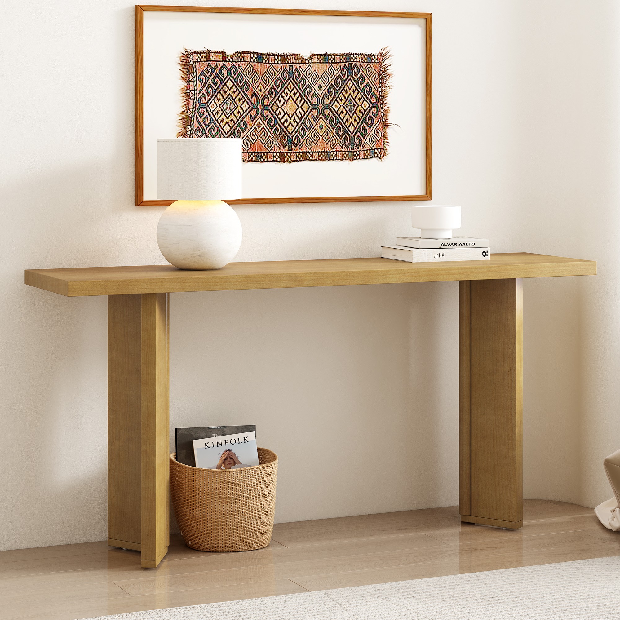 63" Console Table with Pine Veneer and Geometric Legs,Wooden Sofa Table Entryway Table for Living Room,Entryway,Dining Room,Natural