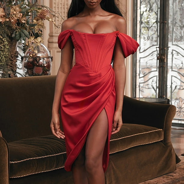 Homely Sexy Dresses For Womens Elegant Off Shoulder Push Up Midi Tube Dress With High Slit Cocktail Wedding Guest Birthday Club Party Dresses Walmart
