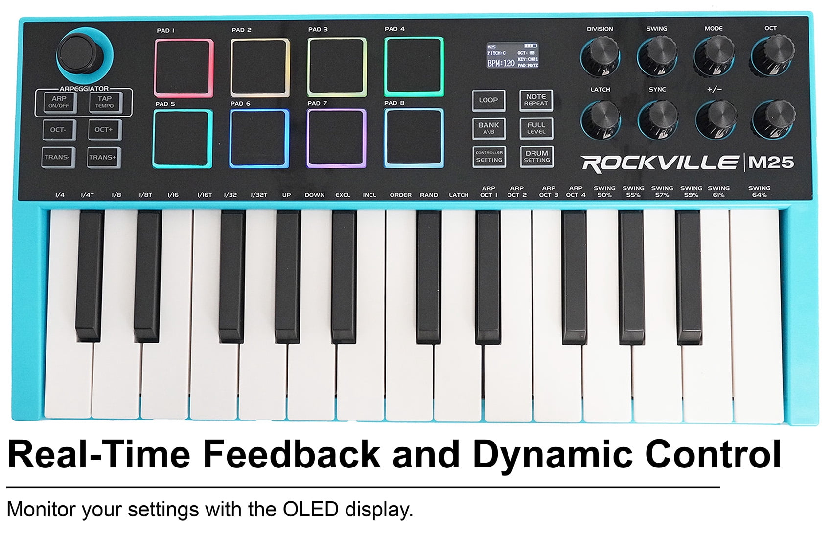 Rockville M25 25 Key USB Wireless MIDI Keyboard Controller With Bluetooth+8 Pads