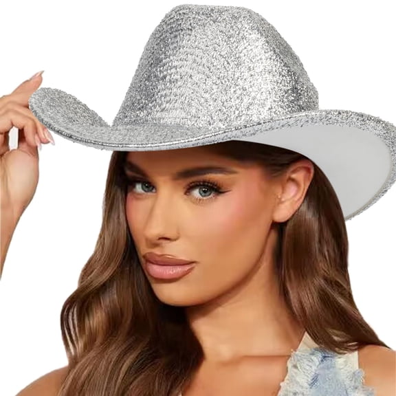 Djtdsds Silver Glitter Cowboy Hat Wide Brim Western Style for Party Halloween Size:One Size