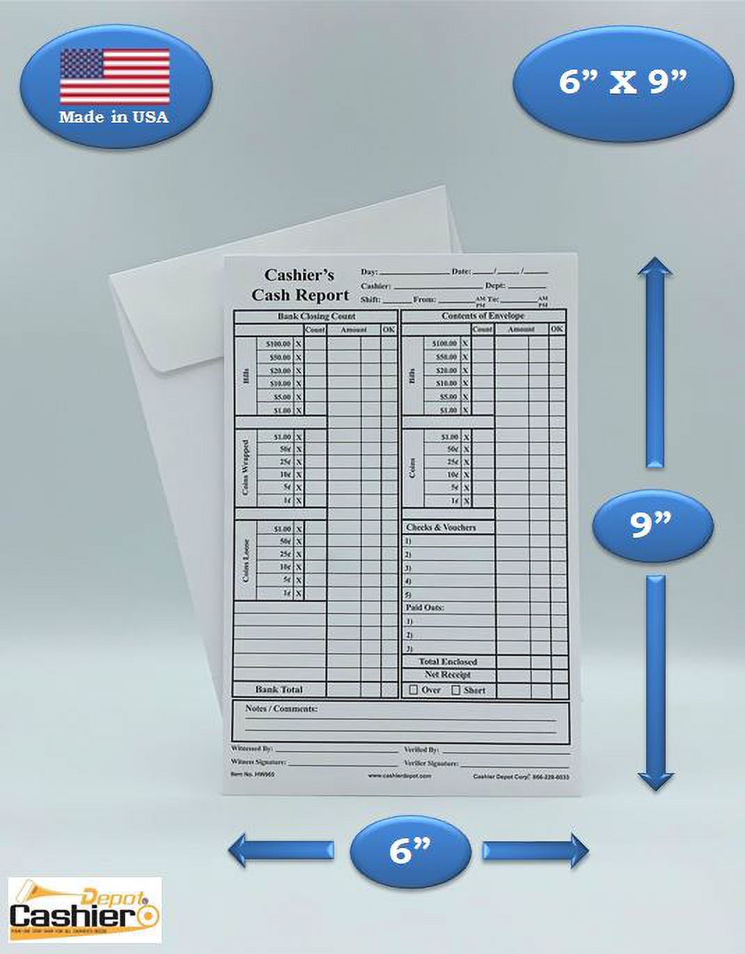 Cashier Depot HW965 Cashier's Cash Report Envelopes, 6" x 9",Open End, Premium 28lb White, Gum Flap (500 Envelopes)