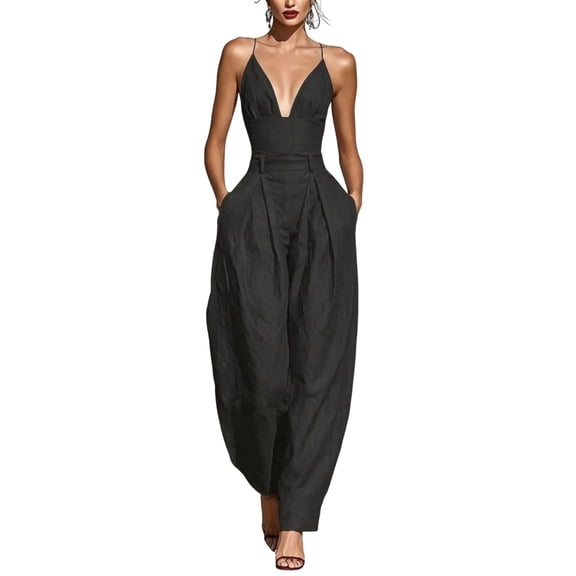 Quixlent Summer Jumpsuits for Women, Sleeveless Spaghetti Strap Overall, V Neck Casual One Piece Outfits with Pockets