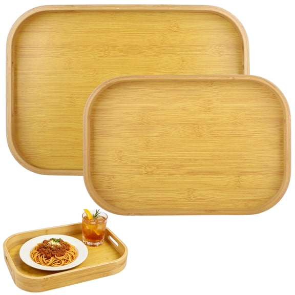 2‑Pack Wooden Serving Trays with Handles – Rectangular Breakfast Tray Set, Natural Wood Food Platter for Coffee Table, Ottoman & Tea Party, Small 13" x 9.1" x 2", Medium 15.7" x 11" x 2"