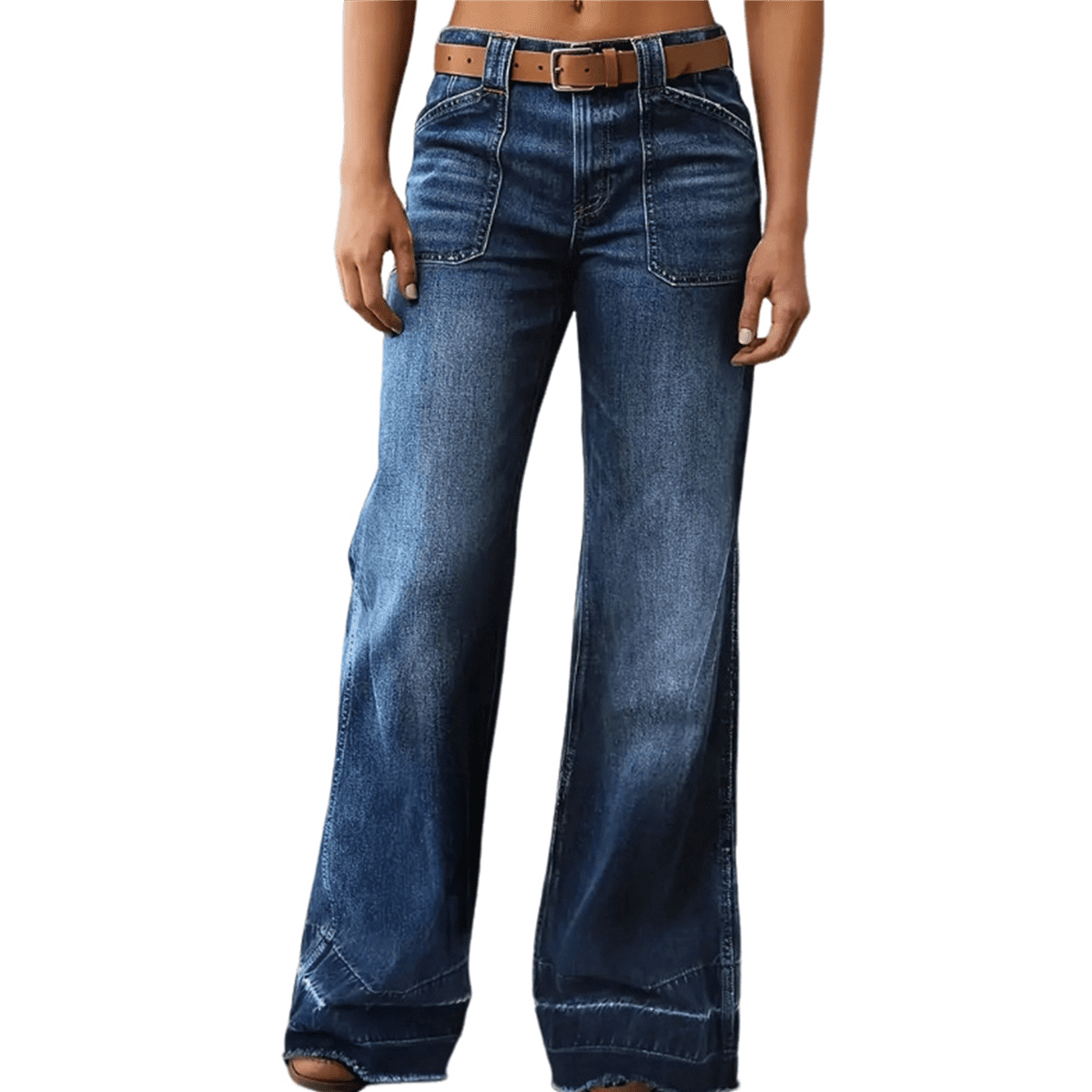 Wide Straight Leg Mid Rise Baggy Pocket Denim Jeans Without Belt Dark Blue XXL