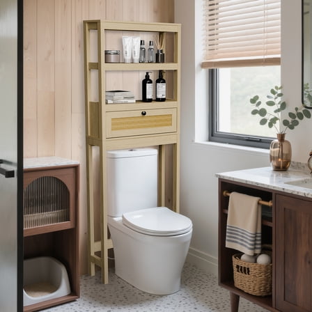 Over The Toilet Storage Cabinet, Behind Toilet Bathroom Organizer with Adjustable Shelves, Above Toilet Organizers with Rattan Door, Space Saver for Restroom, Bathroom, Laundry,Brown