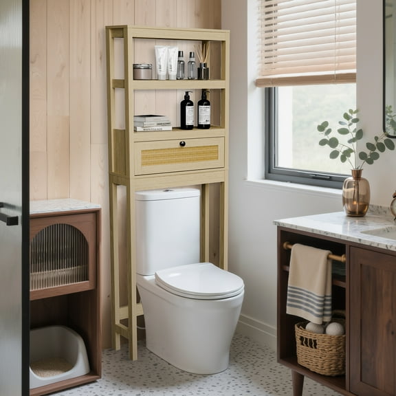 Over The Toilet Storage Cabinet, Behind Toilet Bathroom Organizer with Adjustable Shelves, Above Toilet Organizers with Rattan Door, Space Saver for Restroom, Bathroom, Laundry,Brown
