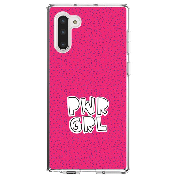 DistinctInk Clear Shockproof Hybrid Case for Samsung Galaxy Note 10 (6.3" Screen) - TPU Bumper, Acrylic Back, Tempered Glass Screen Protector - Girl Power - PWR GRL - Pink Background