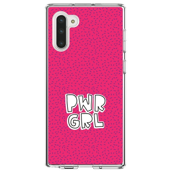 DistinctInk Clear Shockproof Hybrid Case for Samsung Galaxy Note 10 (6.3" Screen) - TPU Bumper, Acrylic Back, Tempered Glass Screen Protector - Girl Power - PWR GRL - Pink Background
