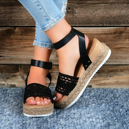 

Cathalem Breathable Toe Open Wedges Beach Strap Sandals Buckle Women s Summer Shoes Weave Women s Shoes for Women Sandals Wedge Black 7.5