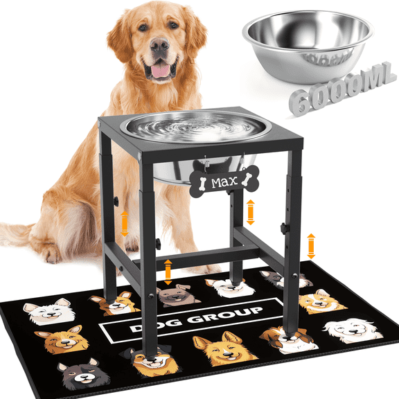 1.6 Gallon Elevated Dog Water Bowl for Large Dogs, 4-Height Adjustable (15–20'') Raised Stainless Steel Bowl with Spill-Proof Mat & Sturdy Metal Stand