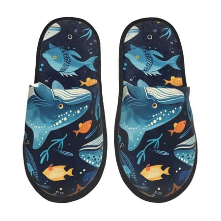 Balery Playful Whales Underwater Scene Slient Indoor Furry Fleece Comfort House Shoes Soft Non-Slip Home Shoes Cotton slippers House Slippers-- Medium
