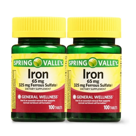 Spring Valley Iron Supplement Tablets, 65 mg, 100 Ct, 2 Pk