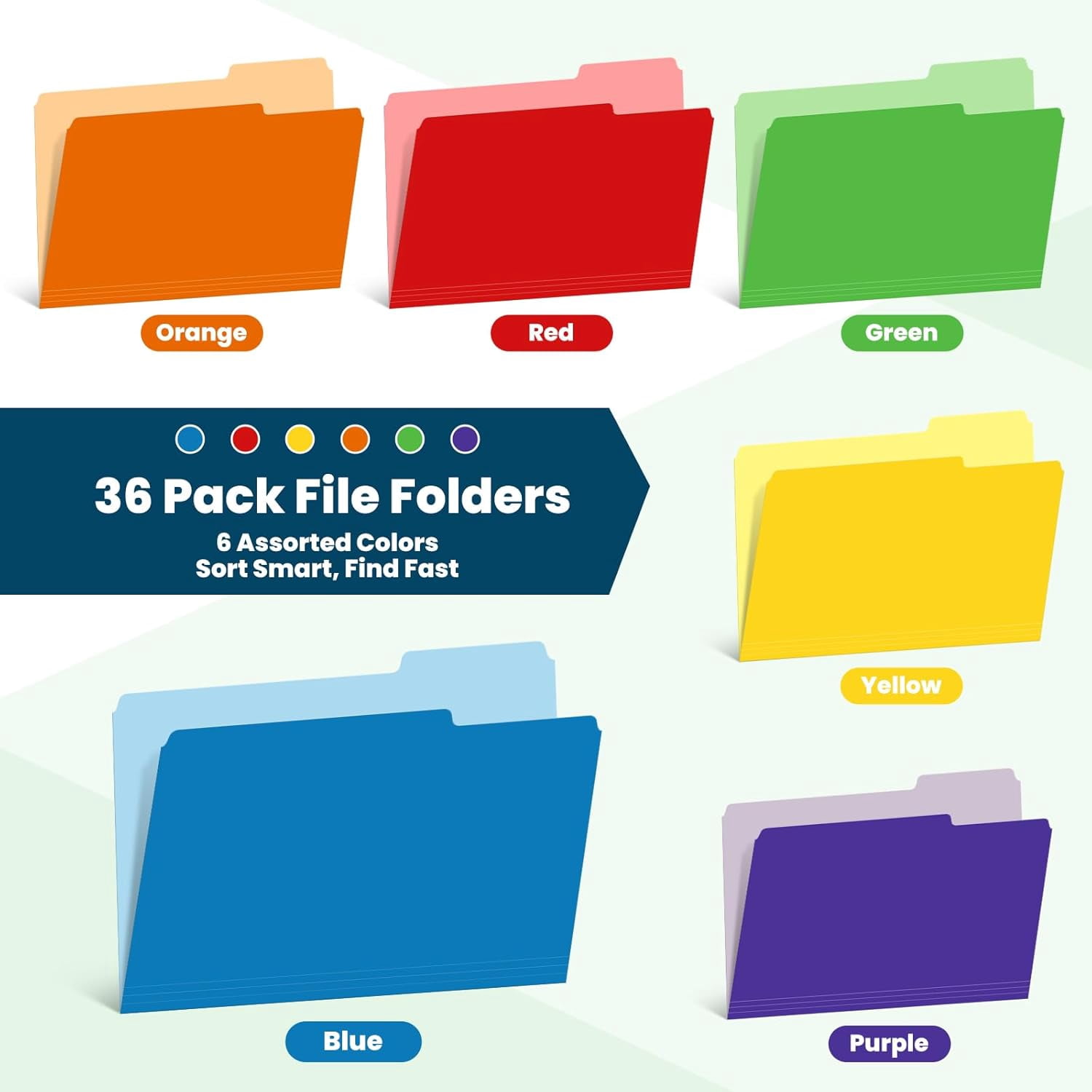 36 Pack Two-Tone Color File Folders, Bulk1/3-Cut Tabs Letter Size Files Folders with 6 Assorted Colors, Ideal School Office Supplies