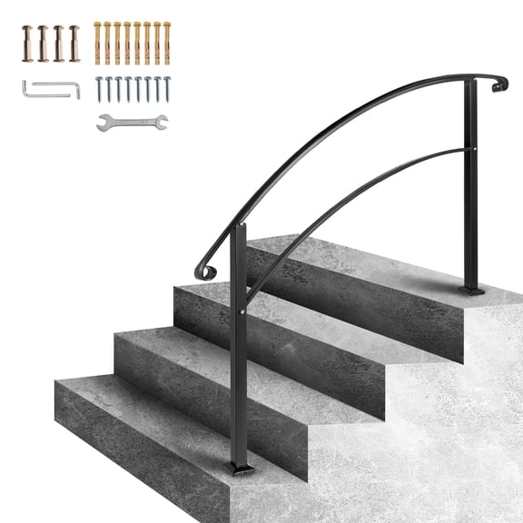KFFKFF 4-Tier Handrail Suitable for 1 to 4 Steps, Matte Black Staircase Railing Made of Wrought Iron, Comes with Installation Kit, Ideal for Exterior Steps