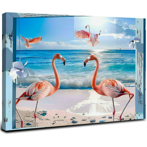 ONETECH Flamingo Bathroom Wall Art Flamingo Wall Decor Flamingo Beach Pictures Prints Painting Framed Canvas Artwork for Living Room Bedroom Restroom 20x16inch