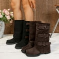 thumbnail image 2 of Aihuaihua Womens Seude Mid Calf Boots Round Toe Vintage Heels Combat Boots Buckle Strap Wide Calf Biker Moto Boots, 2 of 10