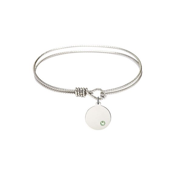 7 1/4 inch Oval Eye Hook Bangle Bracelet w/ Plain Disc medal charm w/ August Green Swarovski Crystal