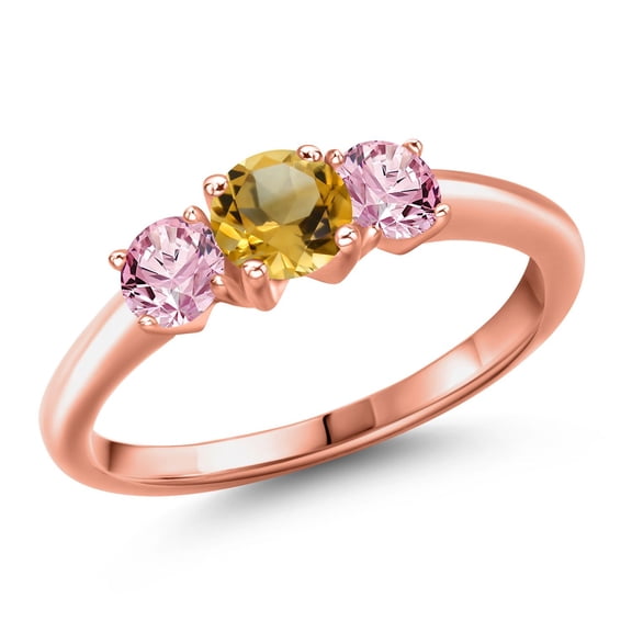 Gem Stone King 18K Rose Gold Plated Silver Yellow Citrine and Pink Lab Grown Diamond Engagement Ring for Women | 0.95 Cttw | Round 5MM | Gemstone November Birthstone | Size 9
