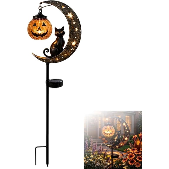 Halloween Solar Pumpkin Moon Garden Stake Light, Black Cat Crescent Moon with Hanging Pumpkin Lantern, Waterproof Outdoor Yard Decor for Garden, Patio, Lawn & Pathway