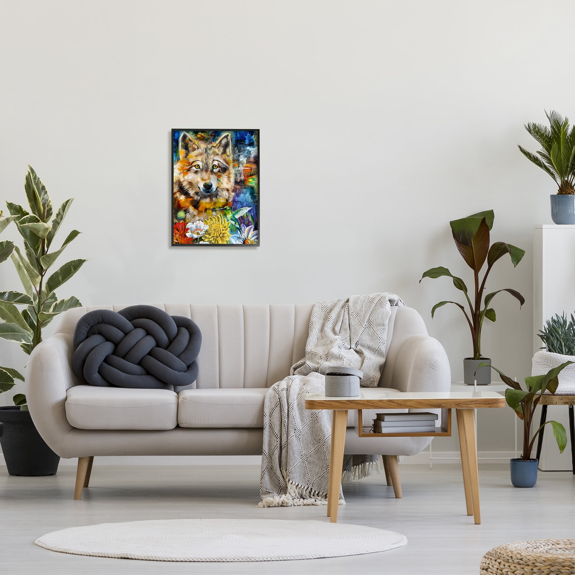 Stupell Industries Wolf with Abstract Florals Animals & Insects Painting Black Framed Art Print Wall Art, 16 x 20