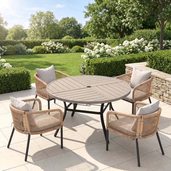 Vicllax 5 Pieces Outdoor Patio Dining Set, 50" Graywood Round Table and 4 Rattan Chairs with Soft Wheat Cushions