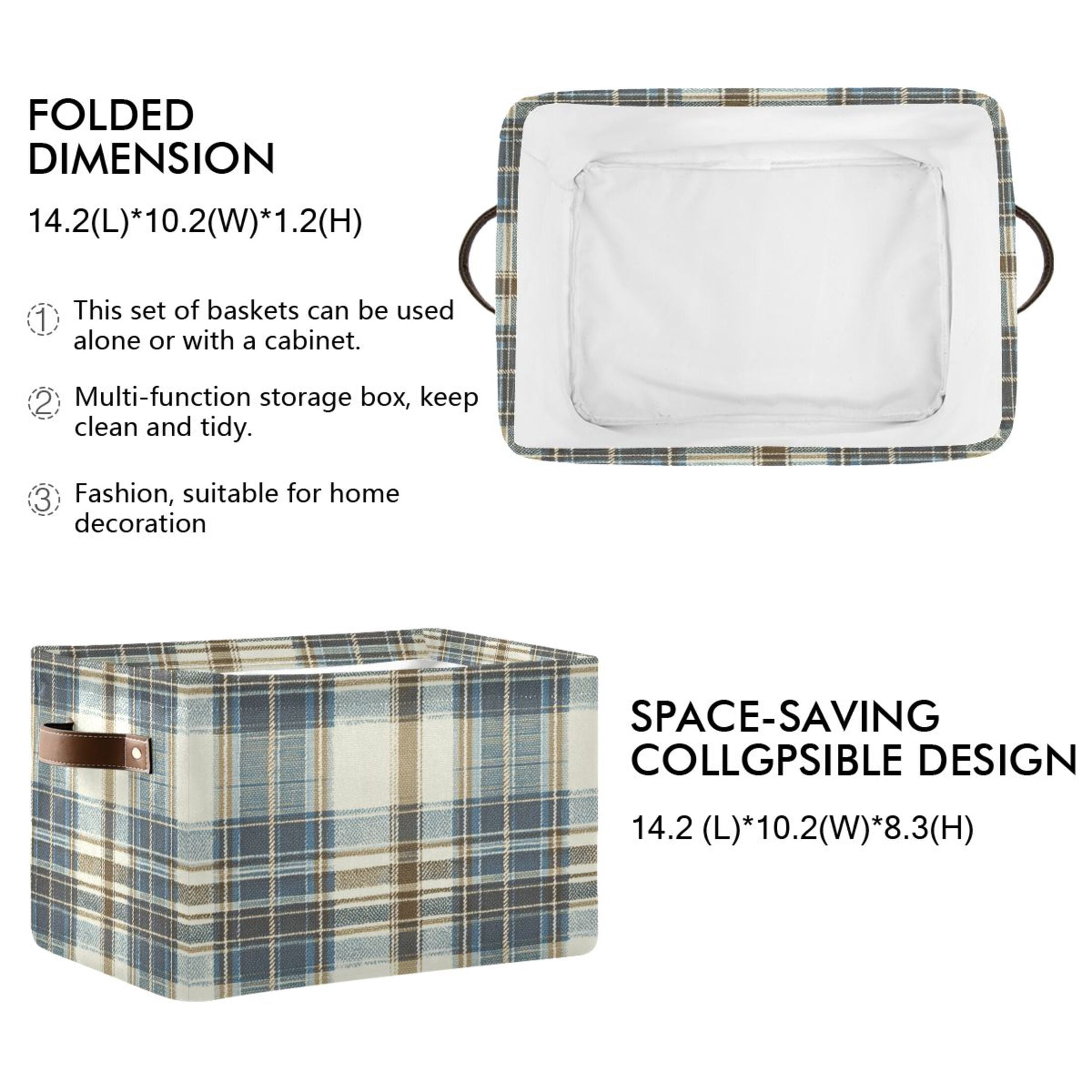 Blue and White Tartan Foldable Storage Basket,Canvas Fabric Foldable Storage Bins with Handles Open Home Storage Bins Boxes for Toy Book Shelf Closet Baskets