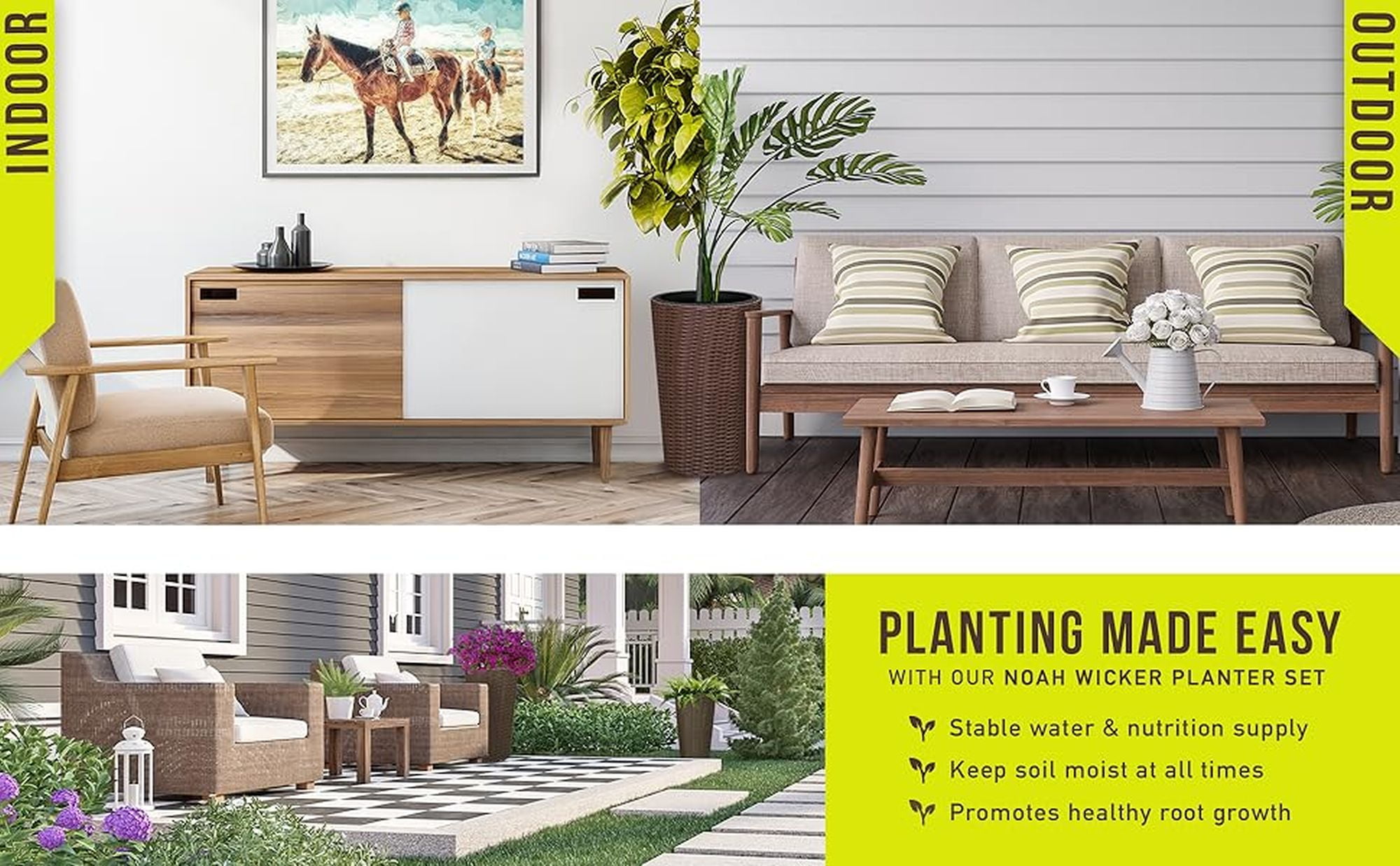 Noah Round Wicker Planter Tall Planter Decor Box for Outdoor Furnishings Versatile-2 Piece Set-Mocha