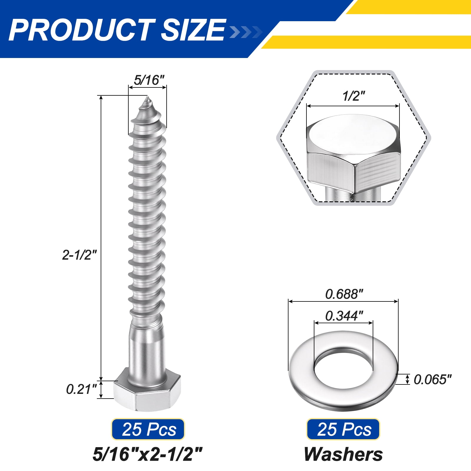 Uxcell 25 Pcs Hex Head Lag Screws - 5/16"x2-1/2" Stainless Steel 18-8 (304) Lag Bolts Hexagon Head Heavy Duty Wood Screws with Flat Washers for Wood, Decks, Fences, Furniture, Silver
