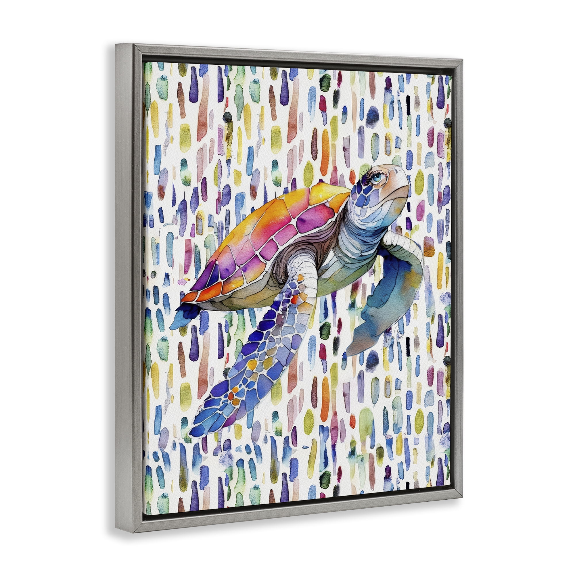 Stupell Industries Turtle on Colorful Dots Gray Framed Floater Canvas Wall Art, design by Shelly Craig