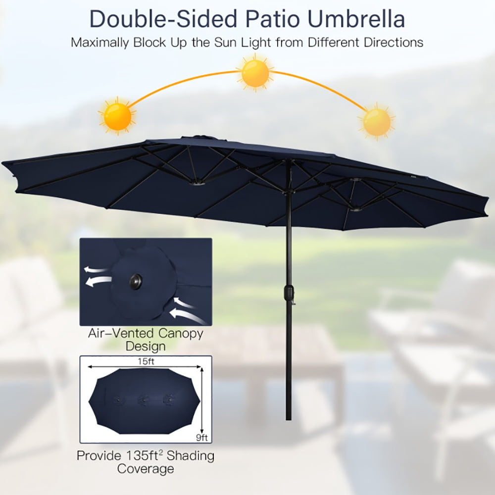 Aimee Lii 15' Navy Soild Market Patio Umbrellas, Double Sided