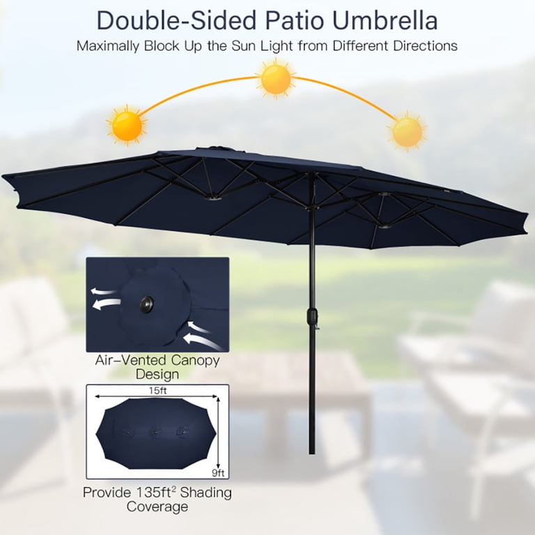 15 double-sided patio umbrella twin sun canopy Bigroof 15ft Extra Large Umbrella with Crank Handle & Umbrella Base Beige while the hand Outsunny 15ft Patio Umbrella Double