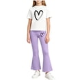 thumbnail image 3 of THDHVS Girls Fall Outfits,Girls Heart Print Round Neck Short Sleeve Top Stretchy Flared Pants Casual 2 Piece Set,Girls' Clothing Sets Purple 4-5 Years, 3 of 7