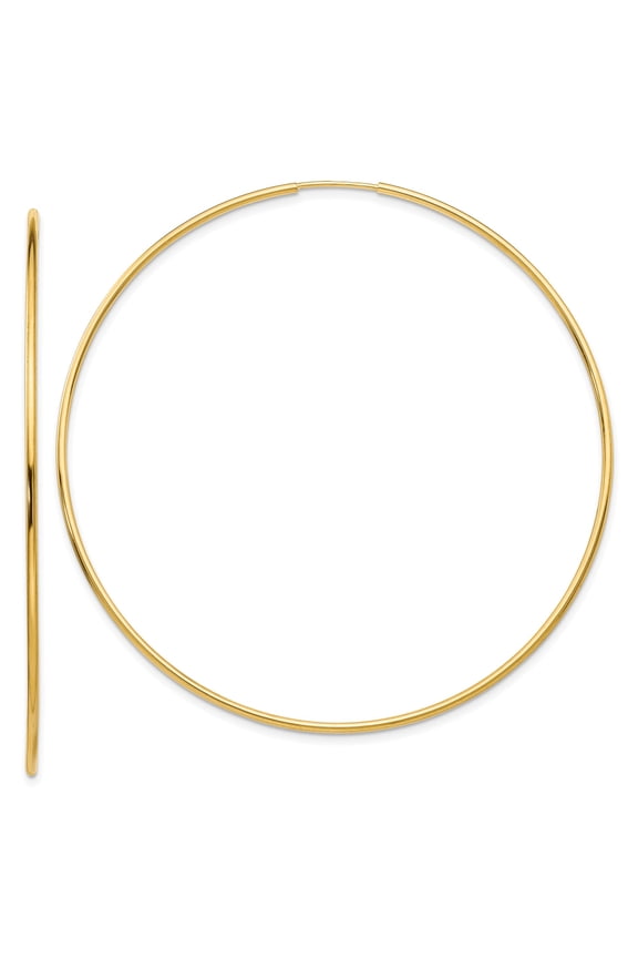 14k Yellow Gold 60mm Endless Hoop Earrings, Thin Round Polished Hoops for Women