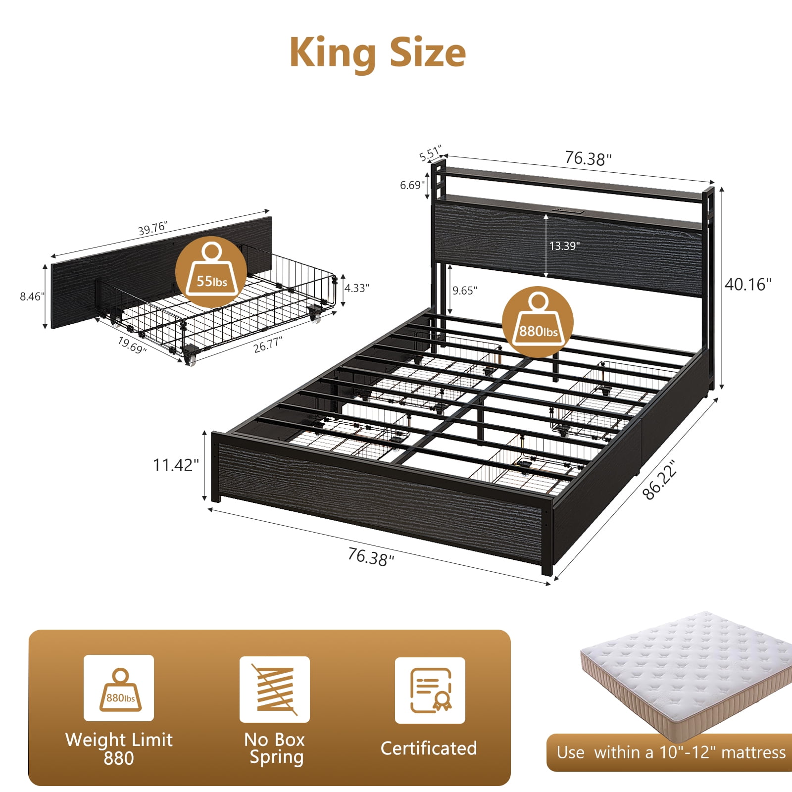 Ktaxon King Size Bed Frame with Charging Station & LED Storage Headboard, Metal Platform Bed Frame with 4 Underbed Drawers for bedroom, Black
