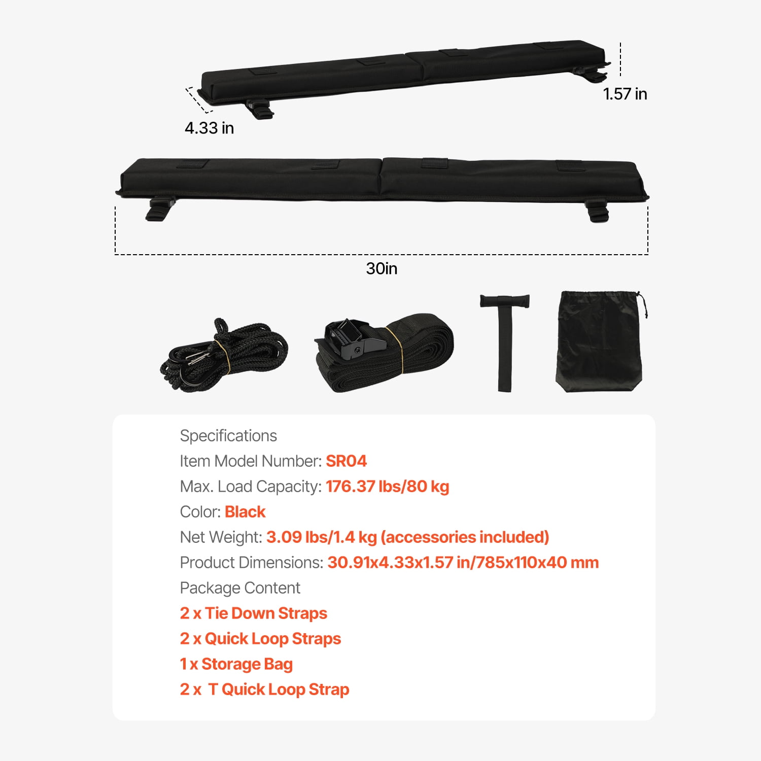 KFFKFF Cushioned Roof Rack Pads, 30" Universal Vehicle Roof Rack Cushion for Multiple Crossbars, 176LBS Load Capacity Kayak Holder with 2 Securing Straps, 2 Rapid Loop Straps & Carry Bag