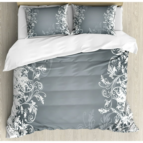 Floral Duvet Cover Set Queen Size, Flower Arrangement Contrasting Colors Wildflowers Leaves Stalks Nature Inspirations, Decorative 3 Piece Bedding Set with 2 Pillow Shams, Grey White, by Ambesonne